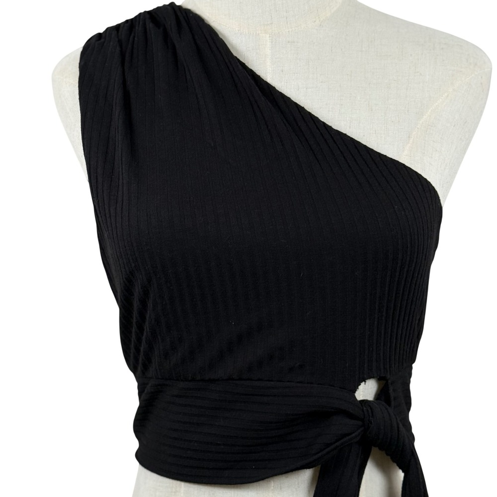Impeccable Pig Womens L‎ Crop Top Black One Shoulder Ribbed Tie Waist EUC